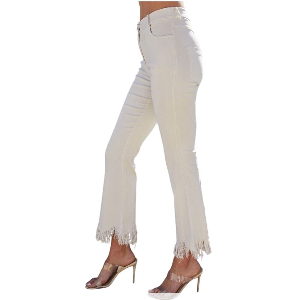 FRINGE HEM STRETCH FLARE PANTS 67108-67018-STONE-2 Medium